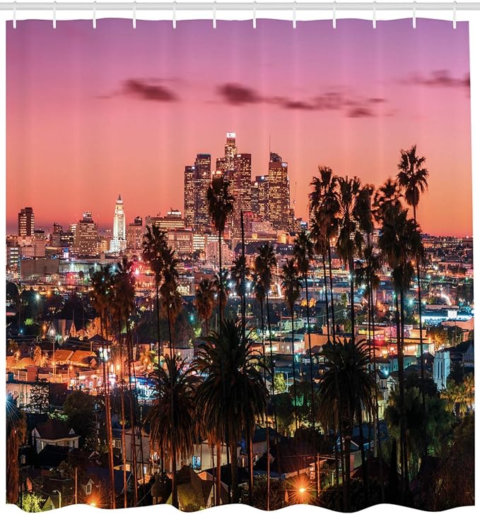 Ambesonne United States Shower Curtain, Vibrant Sunset Twilight Scenery Los Angeles Famous Downtown Palm Trees, Cloth Fabric Bathroom Decor Set with Hooks, 69" W x 70" L, Salmon Pink