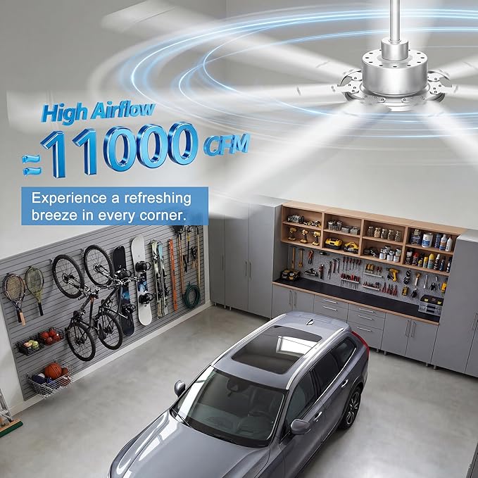 Ohniyou 84'' Industrial Ceiling Fan Without Light for Shop, Garage, Silver | 11000 CFM Airflow, 7 Aluminum Blades, Remote/APP Control, 6 Speeds, Reverse Mode, Large Commercial Metal Fan for Gym