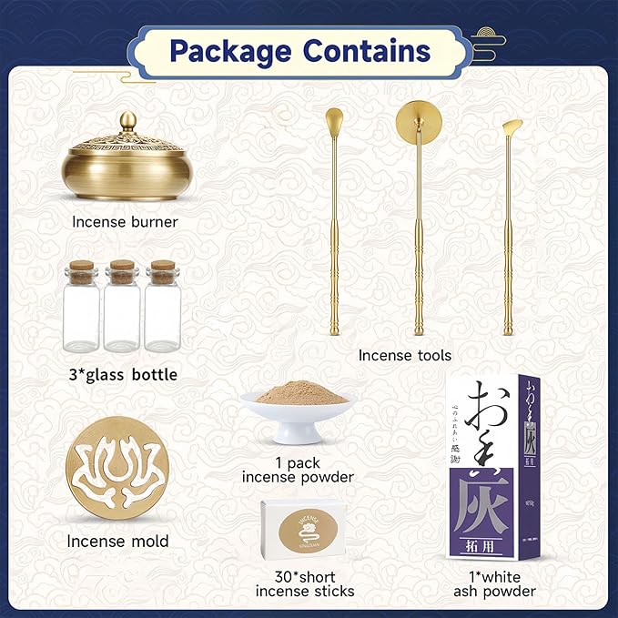Yoga & Meditation 16pcs Incense Burner Kit - Complete Ash Powder Burner Set with Brass Censer, Art Mold Tools & Chinese Incense Burner in Gift Box for Relaxation, Home Fragrance