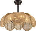 26" Boho Ceiling Fans with Lights and Remote,Black Handwoven Rattan Fandelier with 6 Speeds Timing for Kitchen Island,Dining Room,Living Room,Nursery