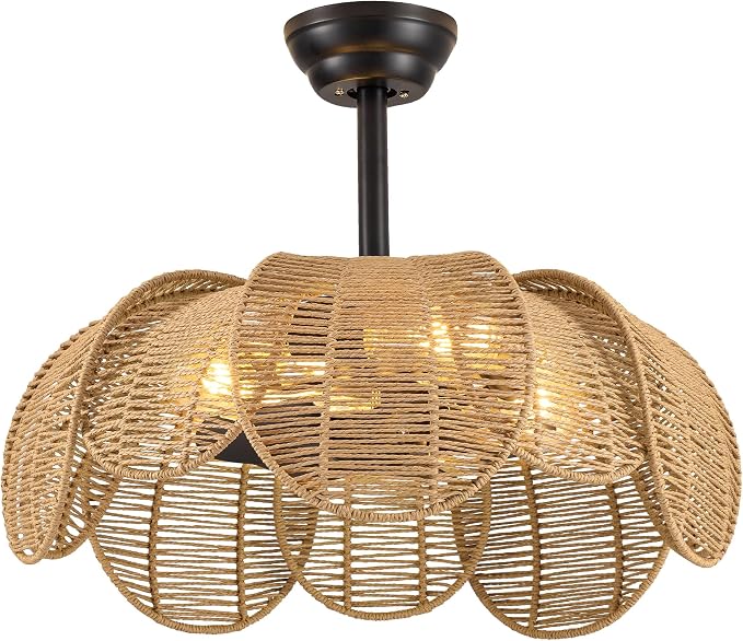 26" Boho Ceiling Fans with Lights and Remote,Black Handwoven Rattan Fandelier with 6 Speeds Timing for Kitchen Island,Dining Room,Living Room,Nursery