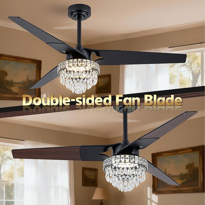 Chandelier Ceiling Fans With Lights And Remote, Chandelier Fan Ceiling,Crystal Ceiling Fan Fandelier With Lights,6 Speed 3 Timer Quiet Ceiling With Fans For Living Room Bedroom (Black, 60 In'ch)