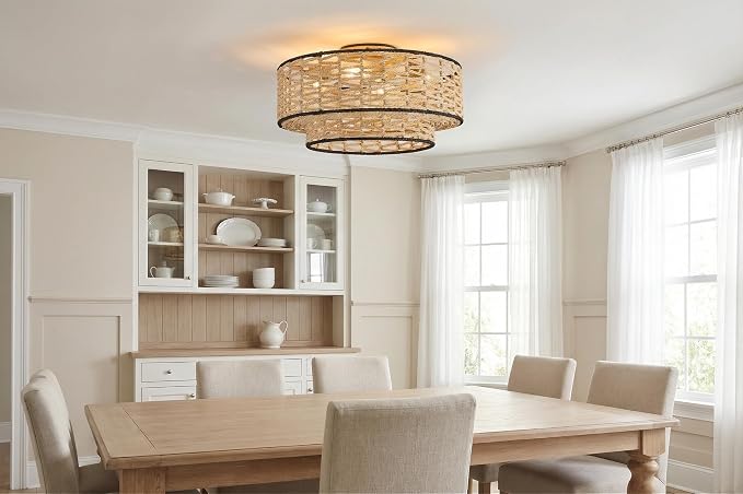 20" Boho Ceiling Fan Light with Remote Control, Double Layer Hand Woven Toast-Colored Rattan with Black Trim Flush Mount Fan Light with Lights for Bedroom, Living Room, Kitchen