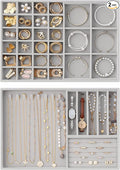 Lolalet Jewelry Drawer Organizer Inserts, Stackable Velvet Tray Jewelry Storage Organizers Set Display Cases for Necklaces Bracelets Earrings Rings Chains Bangles Watches, Grey, Set of 2