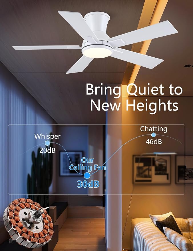 Modern Ceiling Fans with Lights - 42" Low Profile Ceiling Fan with Light and Remote, Flush Mount Reversible DC Motor, 6-Speed Quiet LED Dimmable for Bedroom, Indoor and Outdoor, Patios White