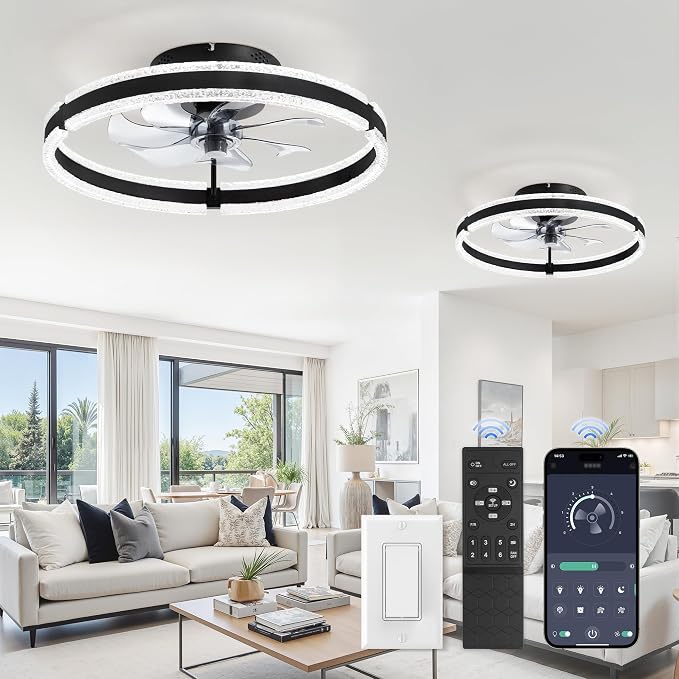LEDIARY 20" Ceiling Fans with Lights and Remote, Black Low Profile Ceiling Fan with Light, 3000-6000K Dimmable Fandelier Ceiling Fans, Modern Flush Mount Fan Light for Bedroom-2 Pack