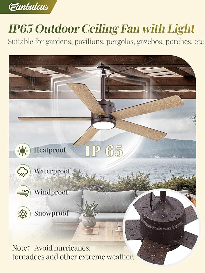 Fanbulous 52" Outdoor Ceiling Fan with Light and Remote, IP65 Waterproof, Plug-in Design with 10FT Cord, 6-Speeds, 3CCT, Hook Hanging Fan for Gazebo Patio Porch Garage Canopy(Oil-Bronze)