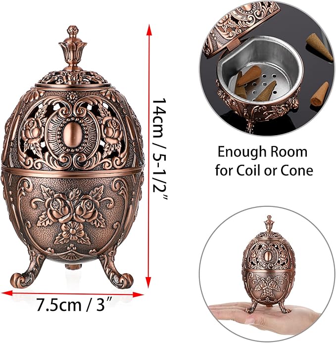 JUXYES Vintage Incense Burner Holder with Removable Ash Catchers, Metal Censer Antique Cone Coil Incense Burner Holder Zinc Alloy Spiritual Aromatherapy Yoga Meditation Gifts Retro Home Decoration