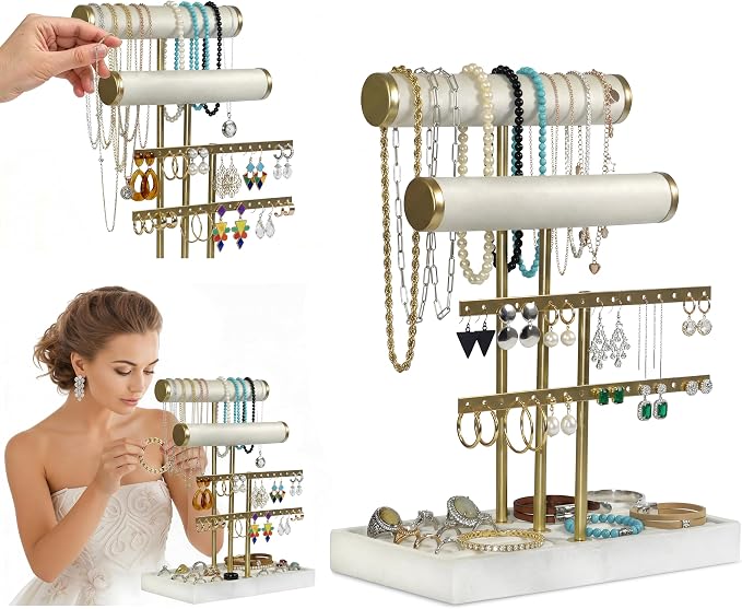Jewelry Tower Stand Organizer for Women - Soft Touch Velvet Elegant Jewelry Holder Display with Necklace Holder, Earring Organizer & Bracelet Rack - Tabletop Stand for Dresser, Vanity, Desk - White