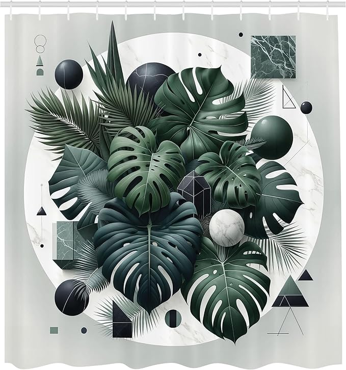 Ambesonne Dark Green Shower Curtain, Tropical Leaves Monstera and Palms on Marble Print with Geometric Shapes, Cloth Fabric Bathroom Decor Set with Hooks, 69" W x 75" L, Pale Grey Emerald