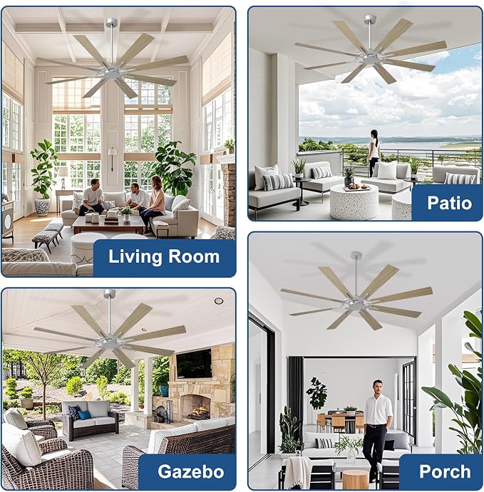 Large Ceiling Fan No Light: Modern 72 Inch 8 Blade Outdoor Ceiling Fans with Remote APP Control - Wood Big Fan without Light Indoor Reversible 6 Speed Quiet DC Motor
