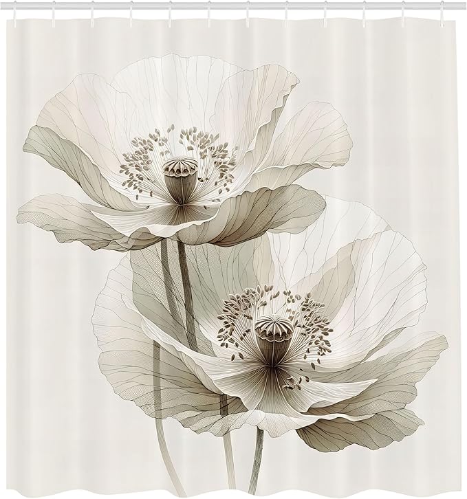 Ambesonne Neutral Shower Curtain, Poppy Flowers in Muted Colors Bloom of Nature Simple and Pure, Cloth Fabric Bathroom Decor Set with Hooks, 69" W x 75" L, Off White and Dark Eggshell