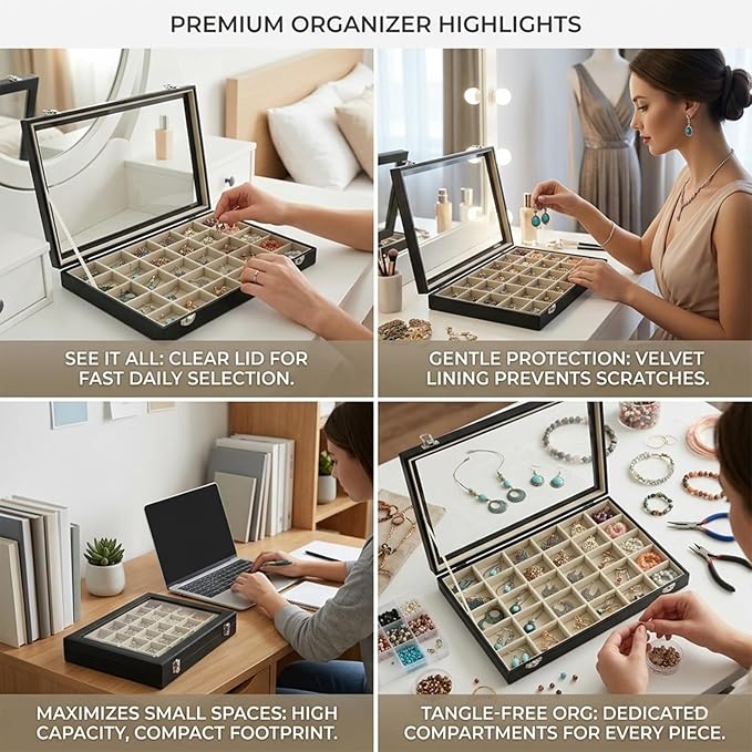 Stratalife 40 Grid Earring Organizer, Jewelry Holder Organizer with Lid | PU Leather Storage Box for Earring, Ring, Studs and Trinkets, Soft Velvet Drawer Organizer for Women, Dustproof, Beige Black