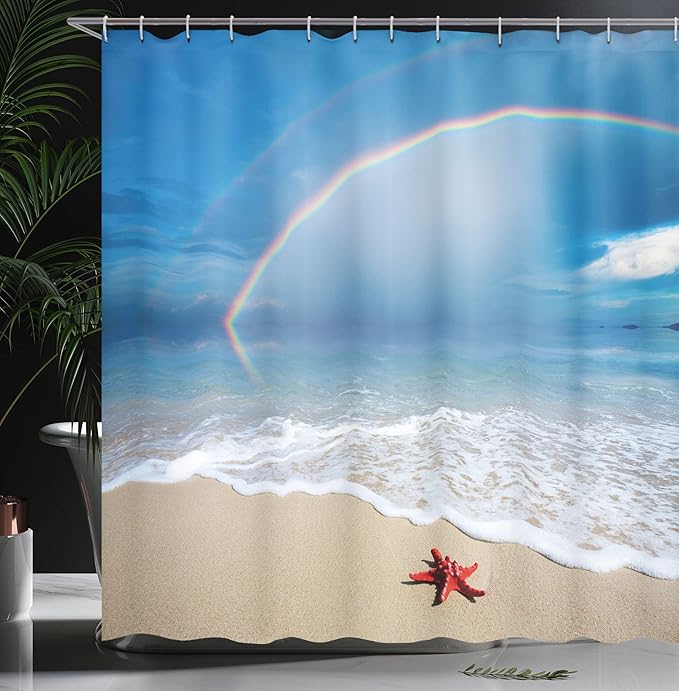 Ambesonne Starfish Shower Curtain, Rainbow Over The Sea Clouds and Clear Sky Foamy Ocean Waves on The Sandy Beach, Cloth Fabric Bathroom Decor Set with Hooks, 69" W x 70" L, Azure Blue Tan