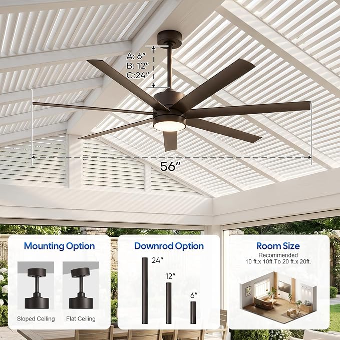 56 Inch Wet-Rated Outdoor Ceiling Fan with light, All-Weather Waterproof 7 UV-Proof Blades, Smart Alexa/App/Remote Control, High Airflow ETL Listed Quiet DC Motor, for Exterior Pergola, Patios, Gazebo