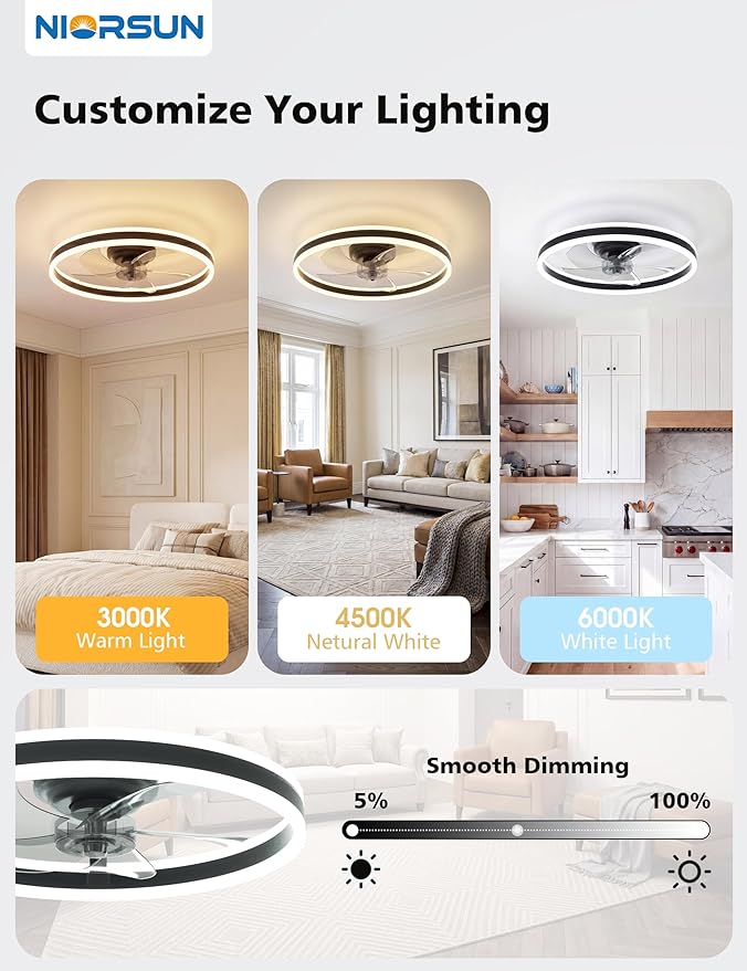 NIORSUN RGB Ceiling Fans with Lights and Remote, Modern Smart LED Ceiling Fans Light, 6 Speeds & 3000K-6500K Dimmable, Quiet Bladeless Fandelier Ceiling Fan with Light for Bedroom (20Inch,Black)