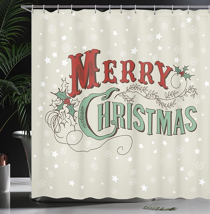 Ambesonne Christmas Shower Curtain, Xmas Stars and Snowflakes Backdrop with Stylized Retro Lettering, Fabric Bathroom Decor Set with Hooks, 69" W x 70" L, Eggshell Sea Green Ruby