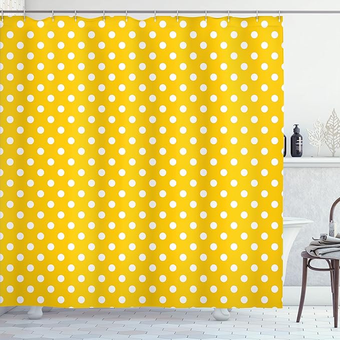 Ambesonne Polka Dots Shower Curtain, Traditional Polka Dots Motif in Row on Sunny Colored Backdrop Girls Bohemian, Cloth Fabric Bathroom Decor Set with Hooks, 69" W x 75" L, Yellow White