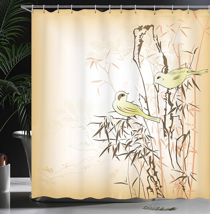 Ambesonne Asian Themed Shower Curtain, Leaf and Birds on The Branch Pine Grass Illustration on Peachy Back, Cloth Fabric Bathroom Decor Set with Hooks, 69" W x 70" L, Yellow Brown Cream