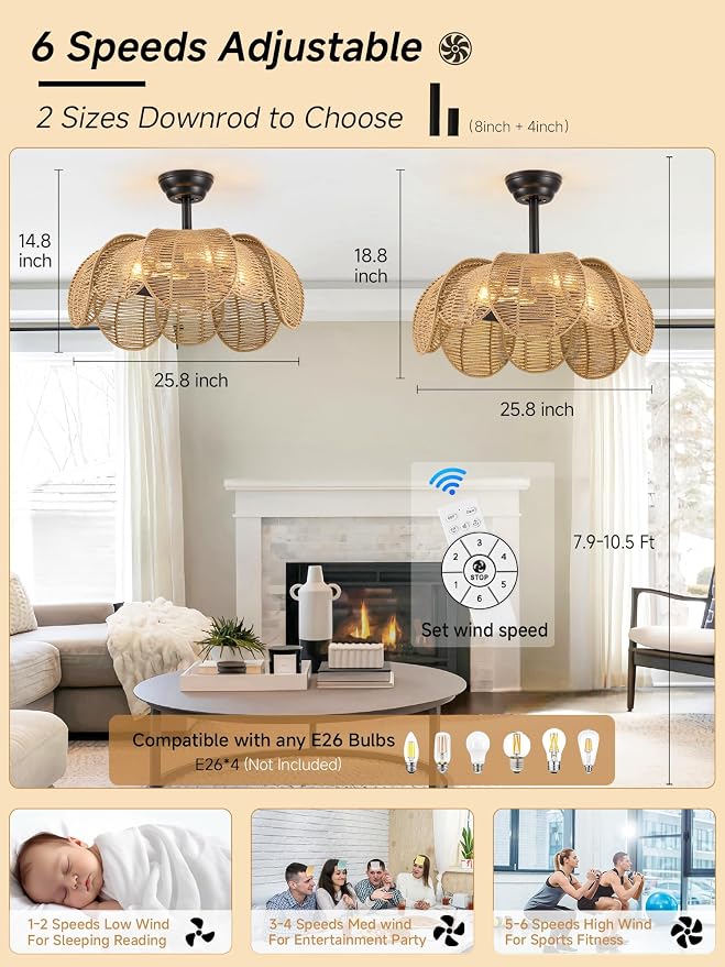 26" Boho Ceiling Fans with Lights and Remote,Black Handwoven Rattan Fandelier with 6 Speeds Timing for Kitchen Island,Dining Room,Living Room,Nursery