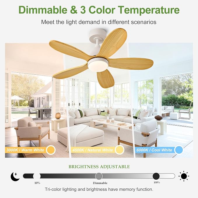 36 Inch Solid Wood Ceiling Fans With Lights, Remote Control, Dimmable, Reversible, Wood Blades, Power-Off Memory, Quiet DC Motor, Indoor/Oudoor Ceiling Fan with Light for Patio