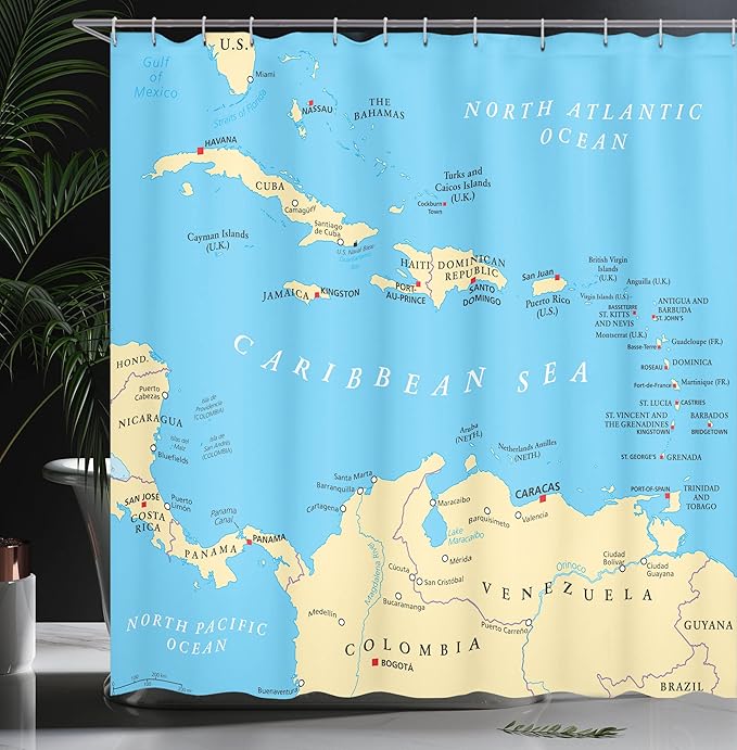 Ambesonne Map Print Shower Curtain, Caribbean Political Map Capitals National Borders Important Cities Rivers Lakes, Cloth Fabric Bathroom Decor Set with Hooks, 69" W x 70" L, Ivory Blue