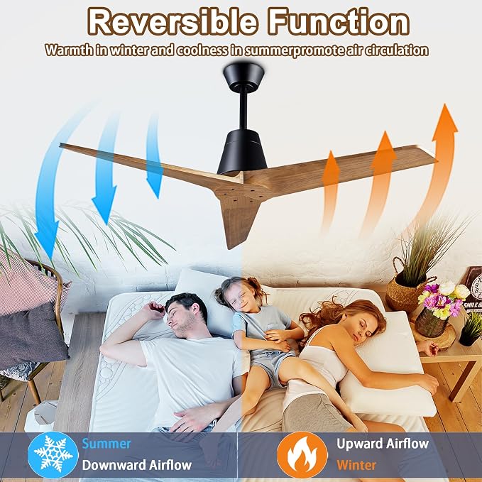 52 Inch Solid Wood 3 Blades Outdoor Ceiling Fan No Light DC Remote Control | solid sycamore blades, reversible dc motor, 6-speed timer remote, no light, for bedroom patio indoor outdoor spaces