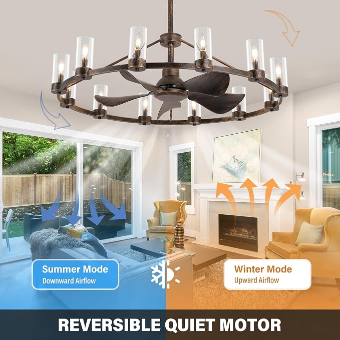 44" Wagon Wheel Chandelier Ceiling Fans with Lights and Remote with APP, 12-Lights Farmhouse Fandelier Fans with Glass Shade, Antique Bronze Lighting Fixture for Dining Living Room, Kitchen Island