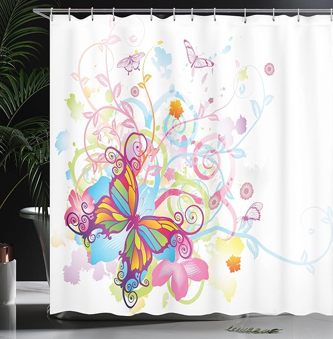 Ambesonne Butterfly Shower Curtain, Butterfly with Floral Elements and Leaves Curvy Branches Ornament Print, Cloth Fabric Bathroom Decor Set with Hooks, 69" W x 75" L, Dark Magenta