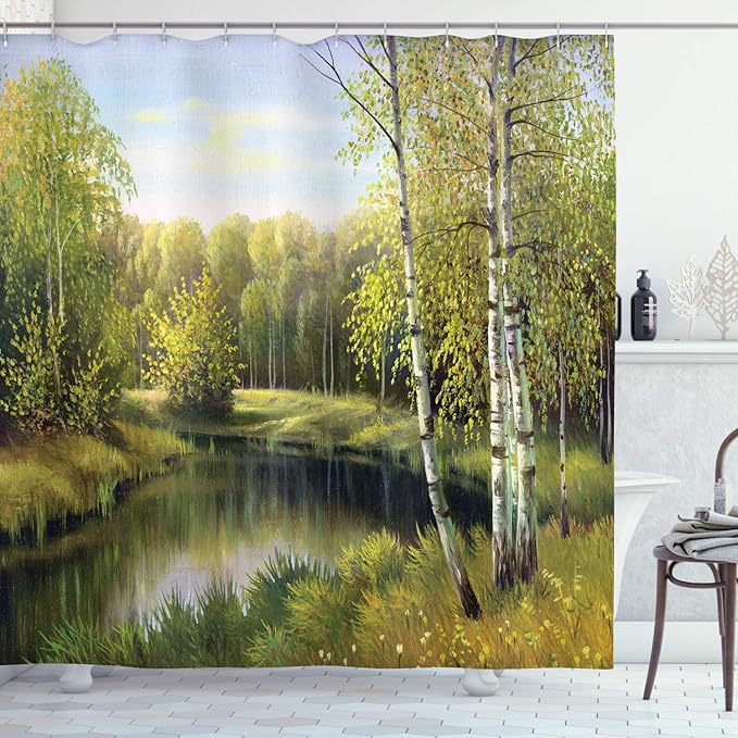 Ambesonne Forest Shower Curtain, Birch Tree Forest in Autumn Leafless Branches Calm River Oil Paint Effect, Cloth Fabric Bathroom Decor Set with Hooks, 69" W x 84" L, Aqua Green