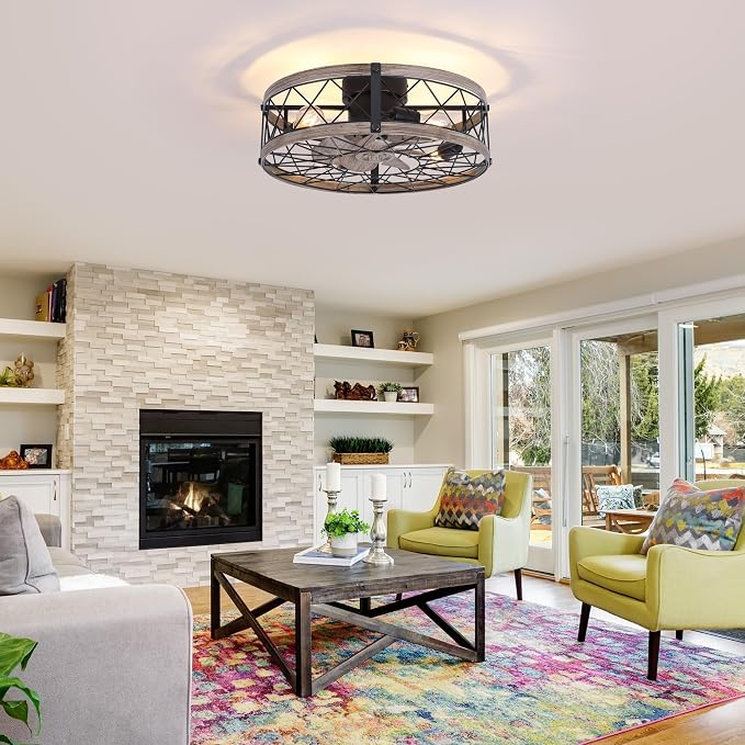 REDSTAR Flush Mount Caged Ceiling Fan with Lights, 20" Small Bladeless Ceiling Fans with Remote, Rustic Low Profile Ceiling Fans 6-Speeds Reversible Enclosed Ceiling Fan for Bedroom Kitchen Farmhouse