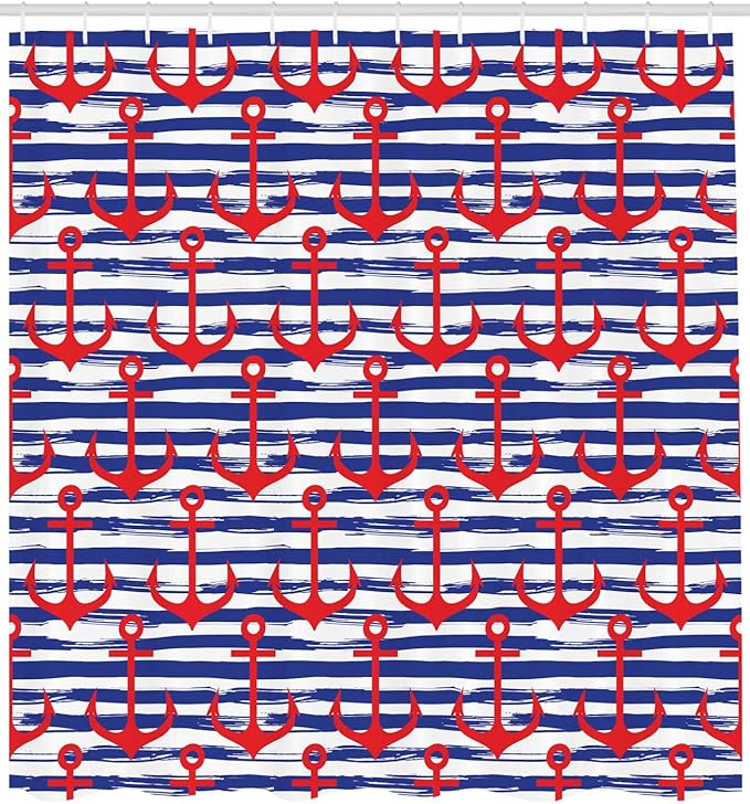 Ambesonne Anchor Shower Curtain, Anchors on Striped Background Geometrical Artwork Holiday Party Gathering, Cloth Fabric Bathroom Decor Set with Hooks, 69" W x 84" L, Navy Blue Red White