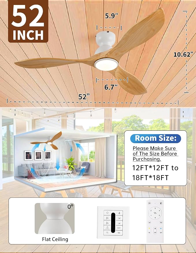 52 Inch Flush Mount Ceiling Fans with Lights and Remote,Low Profile Natural Wood 3 Blade Ceiling Fan,Dimmable,Quiet Noiseless DC Motor for Patios,Living Room,Bedroom(Wall Control Switch)