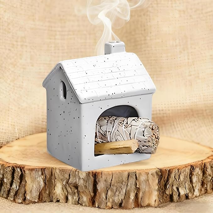 Ceramic Mini Chiminea Palo Santo Burner | Sage & Incense Cone Holder | Stable Smudge Bowl for Zen Altar, Meditation, Yoga | Home Decor & Gift (White)