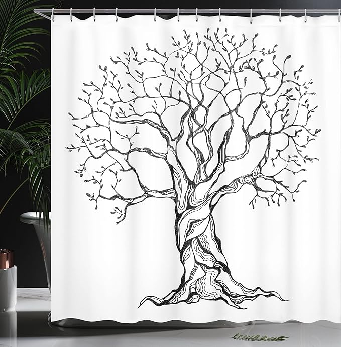Ambesonne Tree of Life Shower Curtain, Aged Winter Tree with Curved Body Branches Old Expanding Roots Illustration, Cloth Fabric Bathroom Decor Set with Hooks, 69" W x 84" L, Black and White