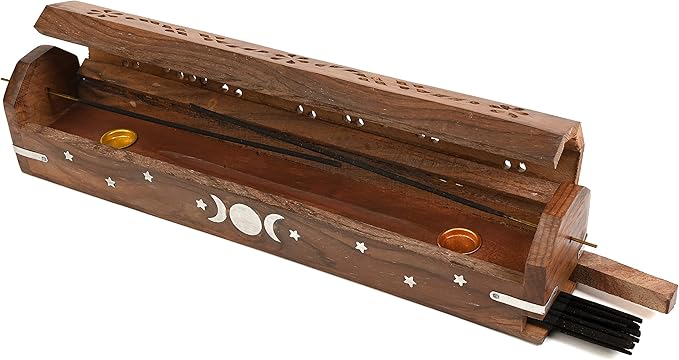 Incense Garden Pack of 2 Incense Stick Holder - Coffin Style - Wood Incense Stick Burner with Triple Moon Inlays (Natural) Handmade with Brass Inlays