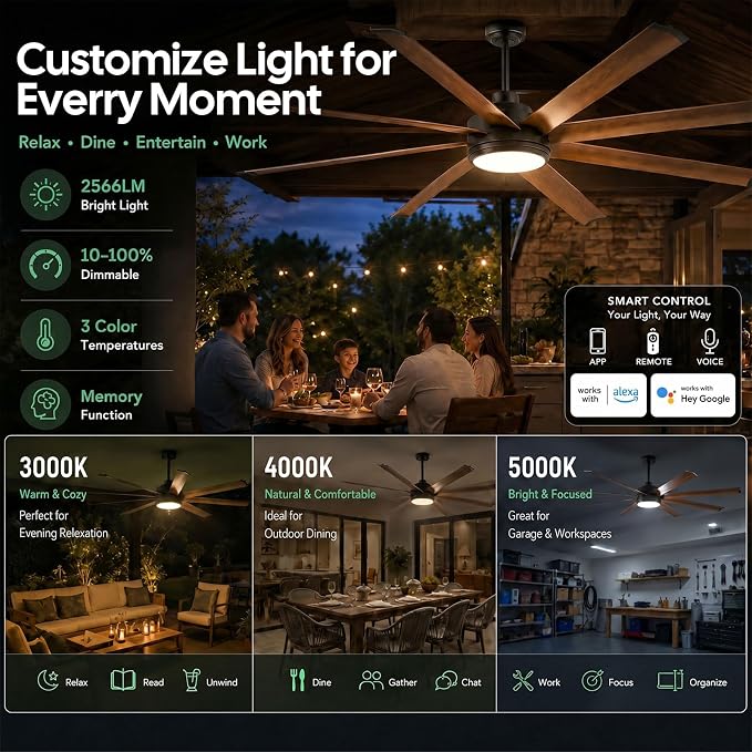 84 Inch Indoor Outdoor Ceiling Fan with Light, Rustic Farmhouse Smart Ceiling Fan with Alexa/App/Remote Control, 8 Walnut Aluminum Blades, Large Airflow Quiet DC Motor, for Barn Office Gym Patio