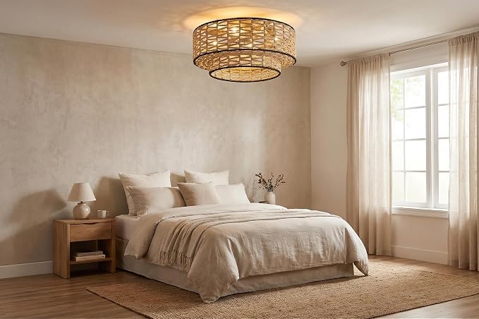 20" Boho Ceiling Fan Light with Remote Control, Double Layer Hand Woven Toast-Colored Rattan with Black Trim Flush Mount Fan Light with Lights for Bedroom, Living Room, Kitchen