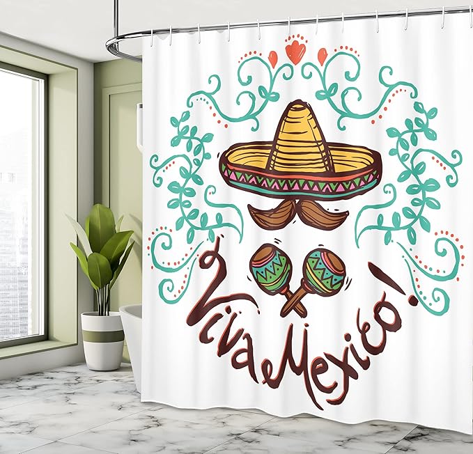 Ambesonne Mexican Shower Curtain, Mexico Style Sketch Floral Ornament Typography Design Hispanic Artwork, Cloth Fabric Bathroom Decor Set with Hooks, 69" W x 70" L, Seafoam Brown Orange