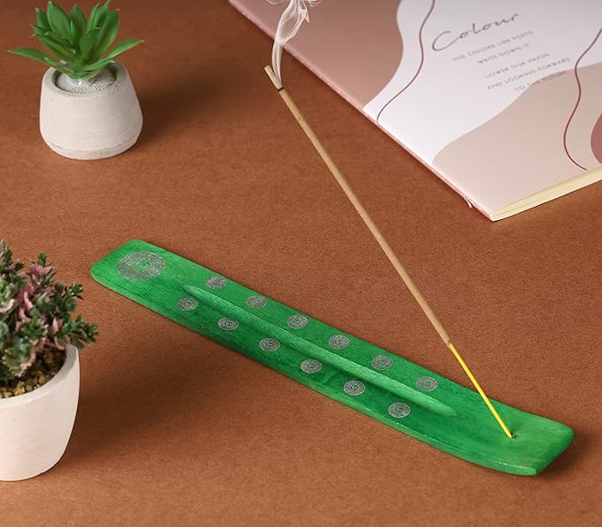 Bless-International Traditional-Handmade-Burner Wooden-Incense-Stick-Holder Ash-Catcher-Stand for-Aromatherapy-Meditation-Yoga (Earth Green) 10 Inches, Pack of 1