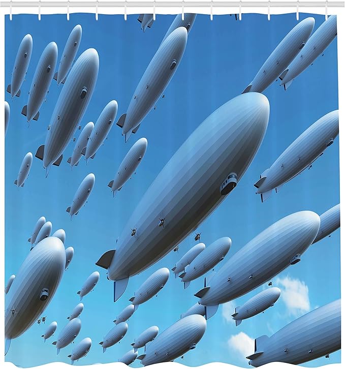 Ambesonne Zeppelin Shower Curtain, Many Fleet Airships Flying in The Sky Aviation Flight Invasion Air Picture Print, Cloth Fabric Bathroom Decor Set with Hooks, 69" W x 70" L, Soft Blue