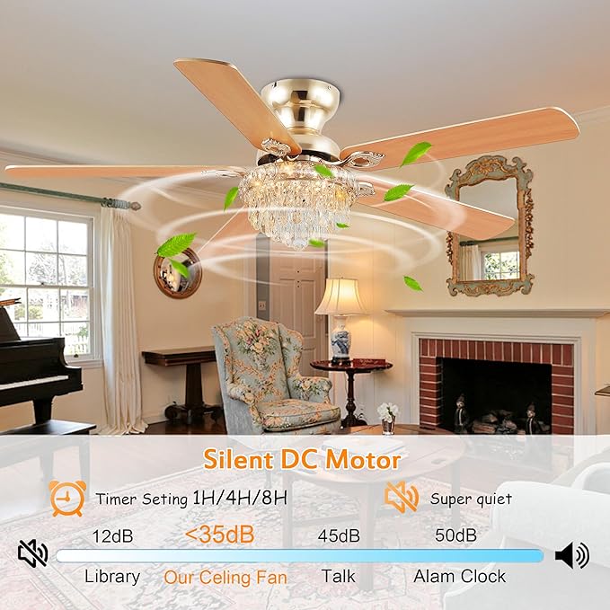 GJeg Crystal Ceiling Fan Fandelier with Lights-Ceiling Fans with Remote Control,Modern Ceiling Fan with Noiseless DC Reversible Motor,Dining Room,Living Room(52" Gold)