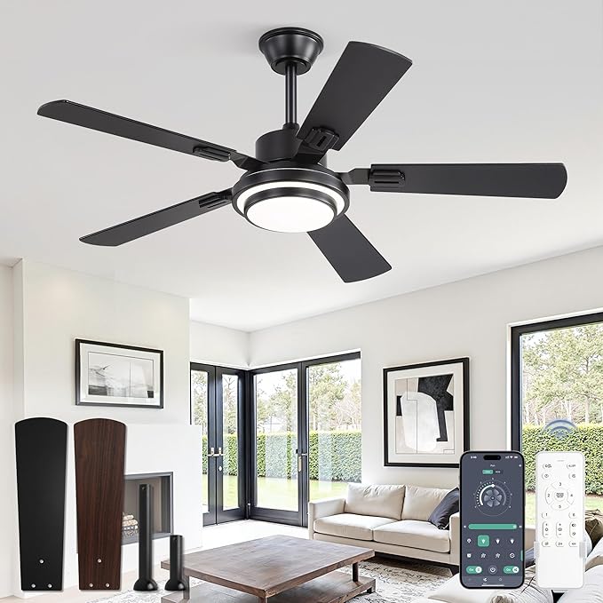 Fanbulous 48 Inch Ceiling Fans with Lights and Remote, Black Ceiling Fan with 8 Dual-Color Blades, Indoor/Outdoor Large Ceiling Fans, Reversible DC Motor, 6-Speed, 3CCT for Living Room Kitchen Patio