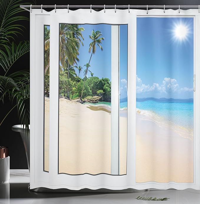 Ambesonne Ocean Shower Curtain, Ocean View from The Window on The Island Scenery Traveling Destination, Cloth Fabric Bathroom Decor Set with Hooks, 69" W x 75" L, White Cream Blue
