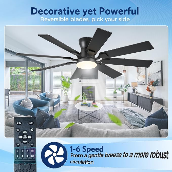 JSAITEE 52Inch Ceiling Fan with Lights, Flush Mount Low Profile, Black | Ceiling Fans,DC Reversible Motor Noiseless, 3CCT Dimmable, Dual Finish, 6 Speeds Ceiling Fan for Indoor/Outdoor