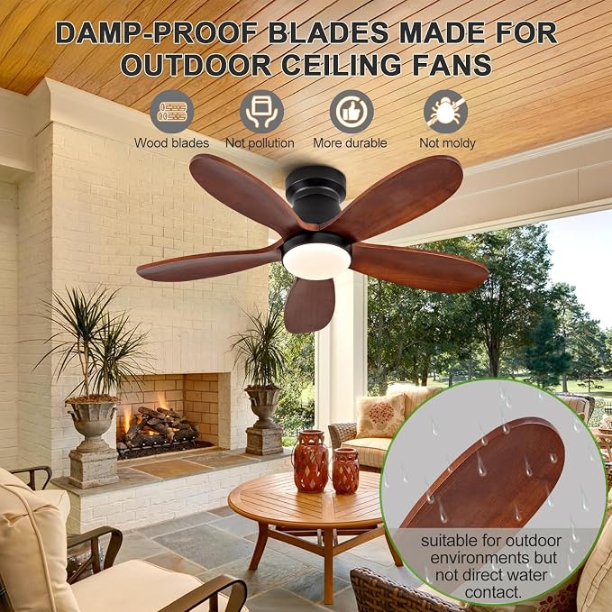 42 Inch Ceiling Fans with Lights and Remote, Low Profile Flush Mount Modern Wood Ceiling Fan with Light, 5 Blades, Wall Switch, Indoor Outdoor Ceiling Fan for Patio Dining Room