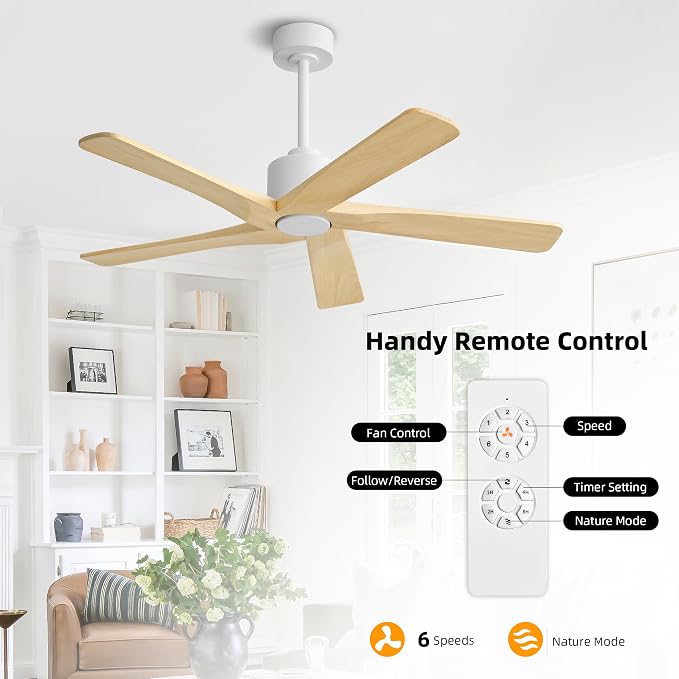 WINGBO 48" DC Ceiling Fan No Light - 5 Carved Solid Wood Blades, 6-Speed Reversible DC Motor, Ceiling Fan without Lights for Living Room Bedroom Kitchen Patio, Indoor and Outdoor, White and Oak