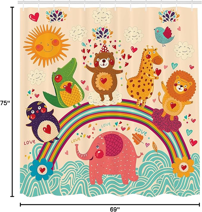 Ambesonne Cartoon Shower Curtain, Happy Animals Bear Lion Crocodile Birds on Rainbow Drawing Effect, Cloth Fabric Bathroom Decor Set with Hooks, 69" W x 75" L, Orange Green