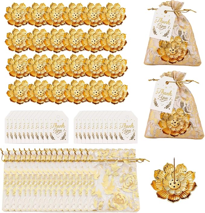 60Set Return Gifts for Pooja, Lotus Incense Holder, Indian Return Gifts for Pooja Bulk, Gold Lotus Incense Sticks Holder with Organza Bags & Thank You Cards, Diwali Party Favors