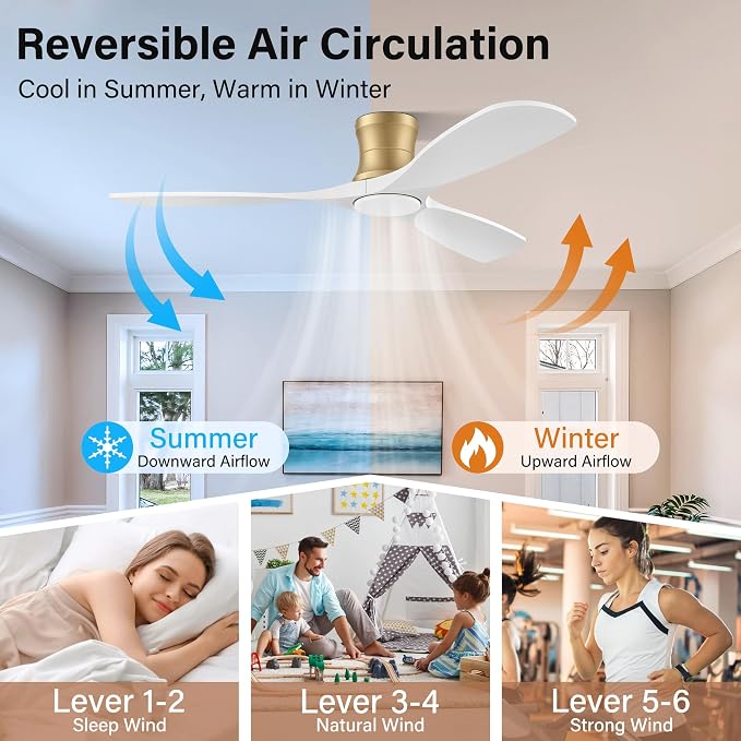 52" Wood Flush Mount Ceiling Fans with Lights Remote Control,Dimmable,Reversible,Modern Gold White Wood Ceiling Fan with Quiet DC Motor,Outdoor Indoor Low Profile for Bedroom Living Room Patio